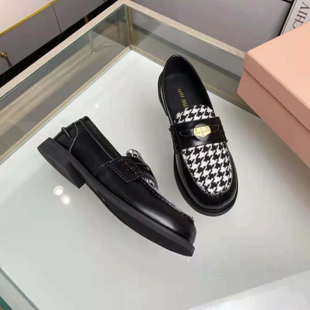 Miu Miu Brushed Leather and Gingham Check Fabric Loafers for Women