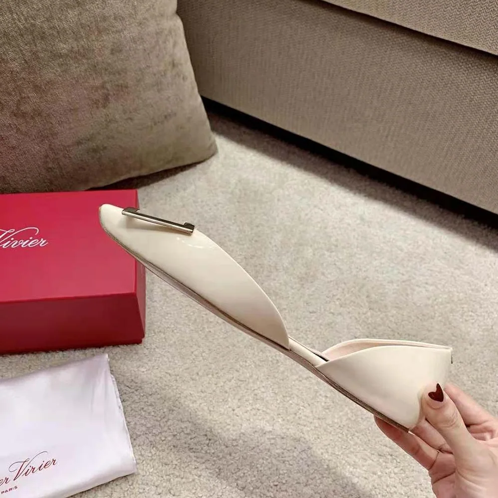 Roger Vivier Trompette Dorsay Metal Buckle Ballerinas in Patent Leather for Women in White