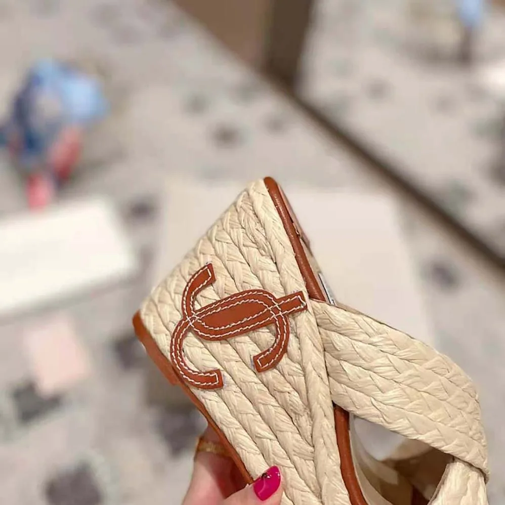 Jimmy Choo Dovina 100 Natural Raffia Wedge Mules with JC Monogram for Women
