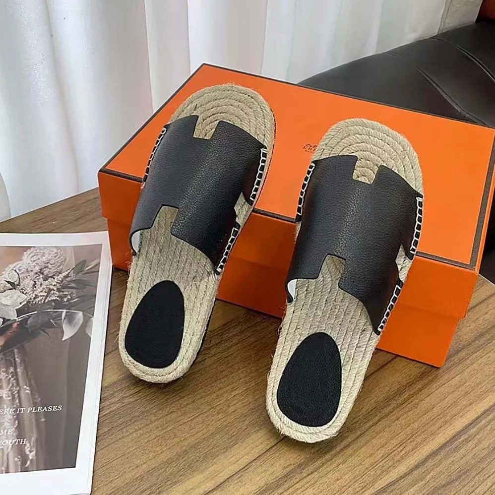 Hermes Catalya Espadrille in Calfskin with Rope Sole and “H” Cut-out for Unisex in Black