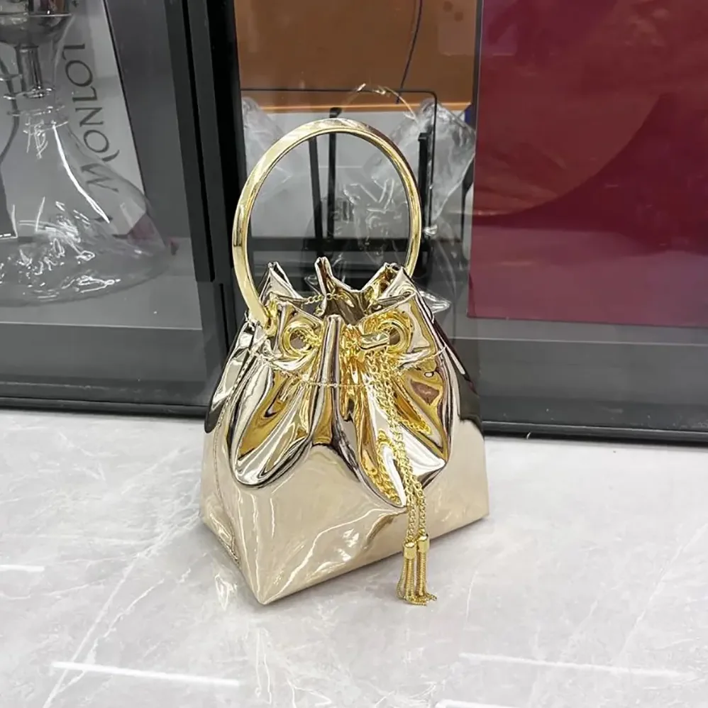 Jimmy Choo Bon Bon Gold Mirror Fabric Mini Bag with Metal Handle for Women Jimmy Choo Bon Bon Gold Mirror Fabric Mini Bag with Metal Handle for Women