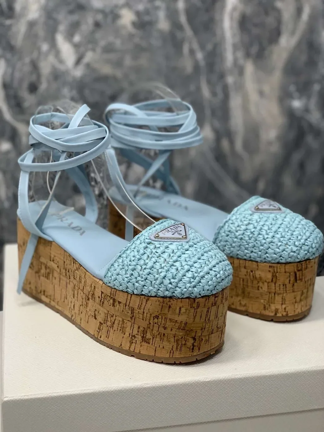 Prada Crochet Wedge Sandals Light Blue