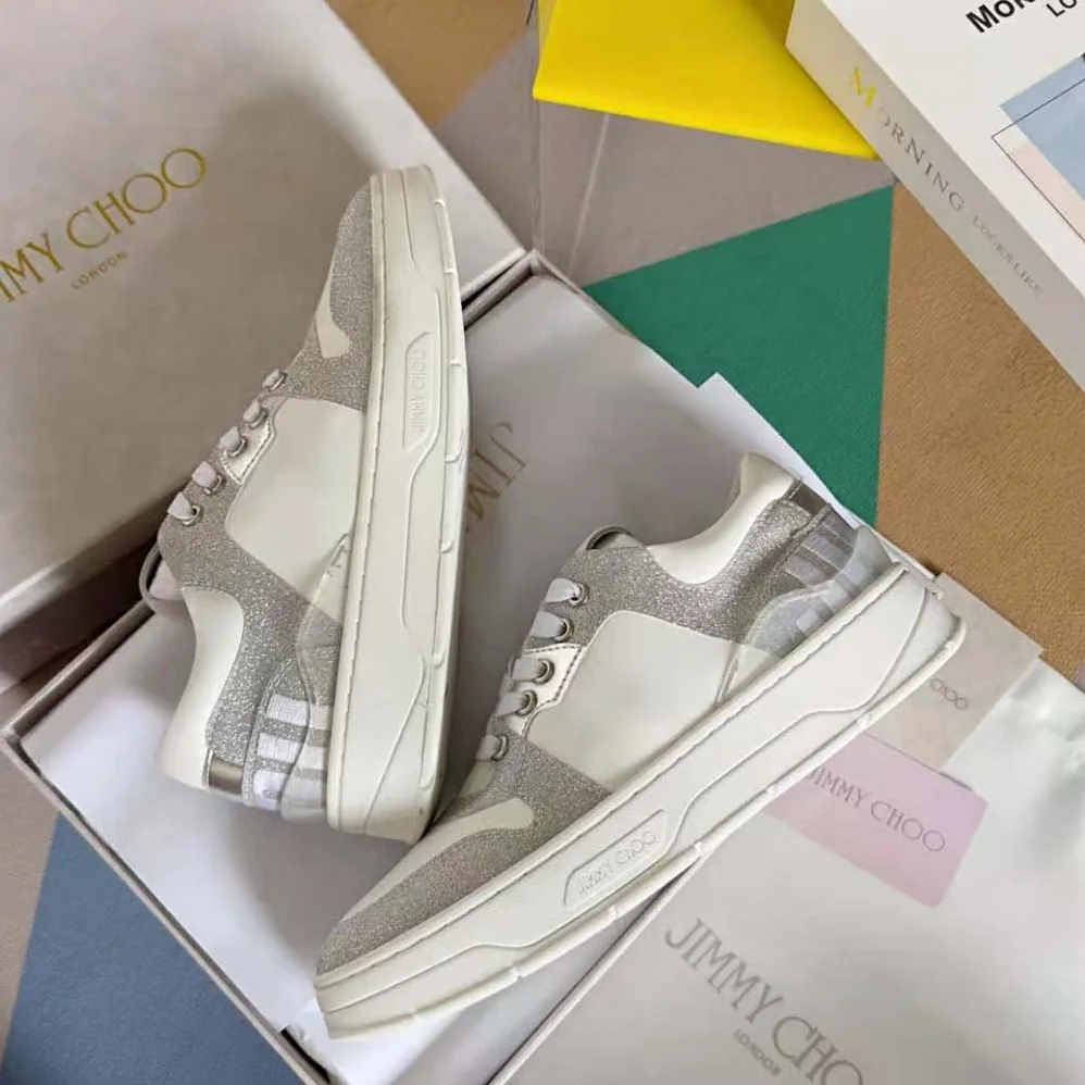 Jimmy Choo Florent/F White Leather Trainers with Glitter for Women