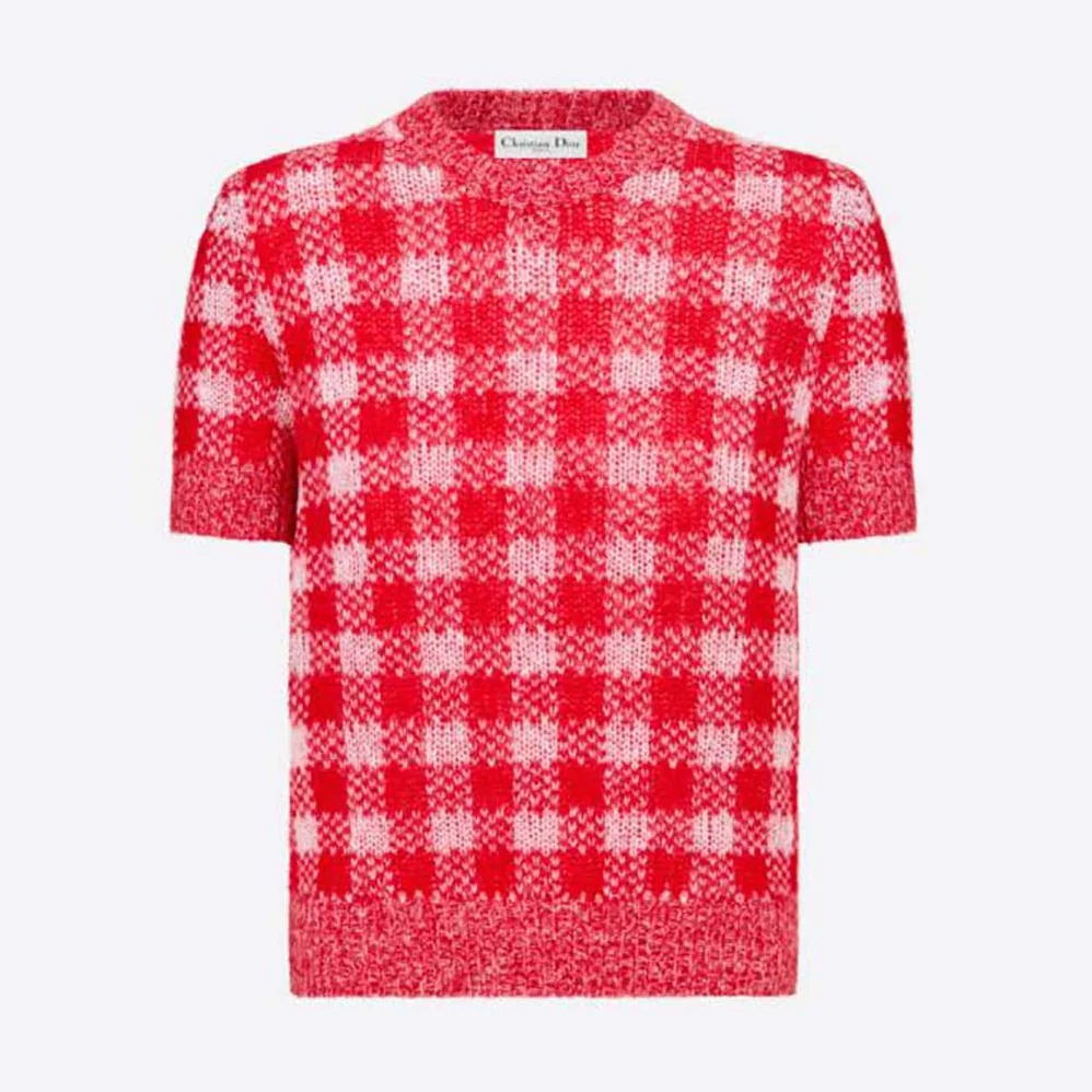 Dior Short-Sleeved Sweater Red D for Women in Little Vichy Alpaca Dior Short-Sleeved Sweater Red D for Women in Little Vichy Alpaca