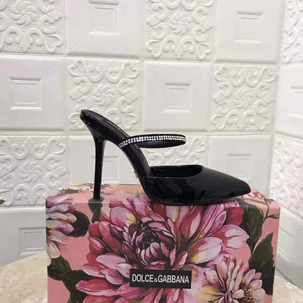 Dolce Gabbana D&G Polished Calfskin Mules with Embroidery for Women in Black Dolce Gabbana D&G Polished Calfskin Mules with Embroidery for Women in Black