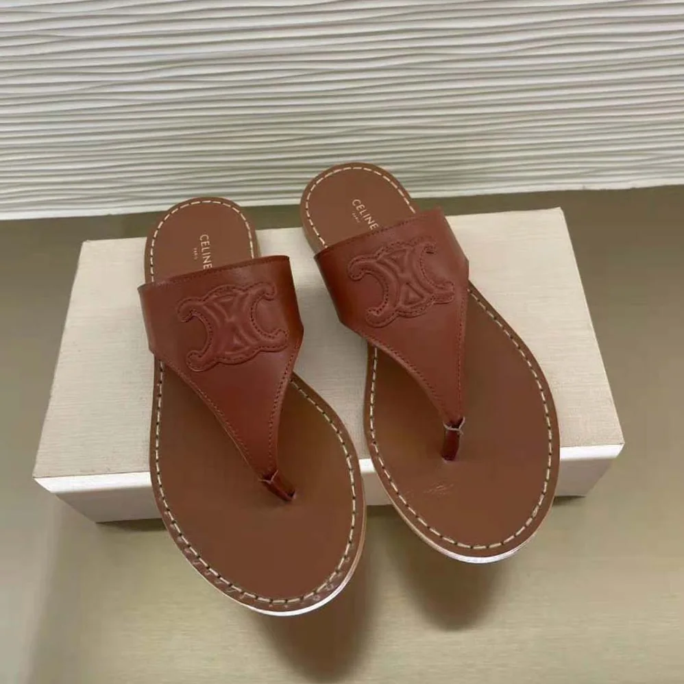 Celine Triomphe Flat Thong in Calfskin for Women in Tan