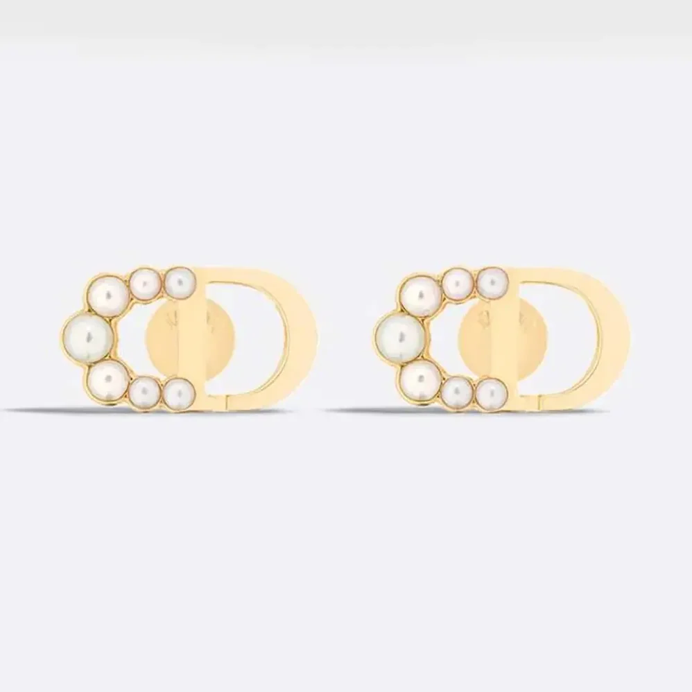 Dior Petit CD Mini Stud Earrings Gold-Finish Metal and White Resin Pearls for Women