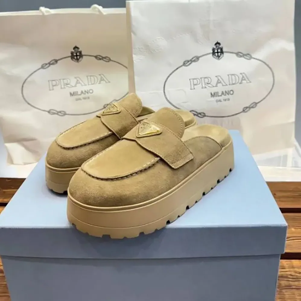Prada Suede Flatform Mules with Enameled Metal Triangle Logo for Women