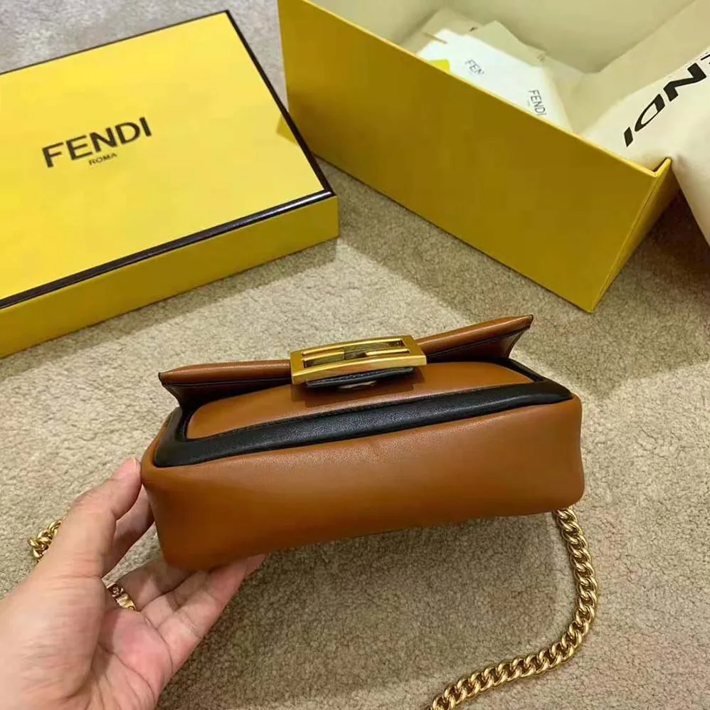 Fendi Mini Baguette Chain Brown and Black Nappa Leather Bag for Women