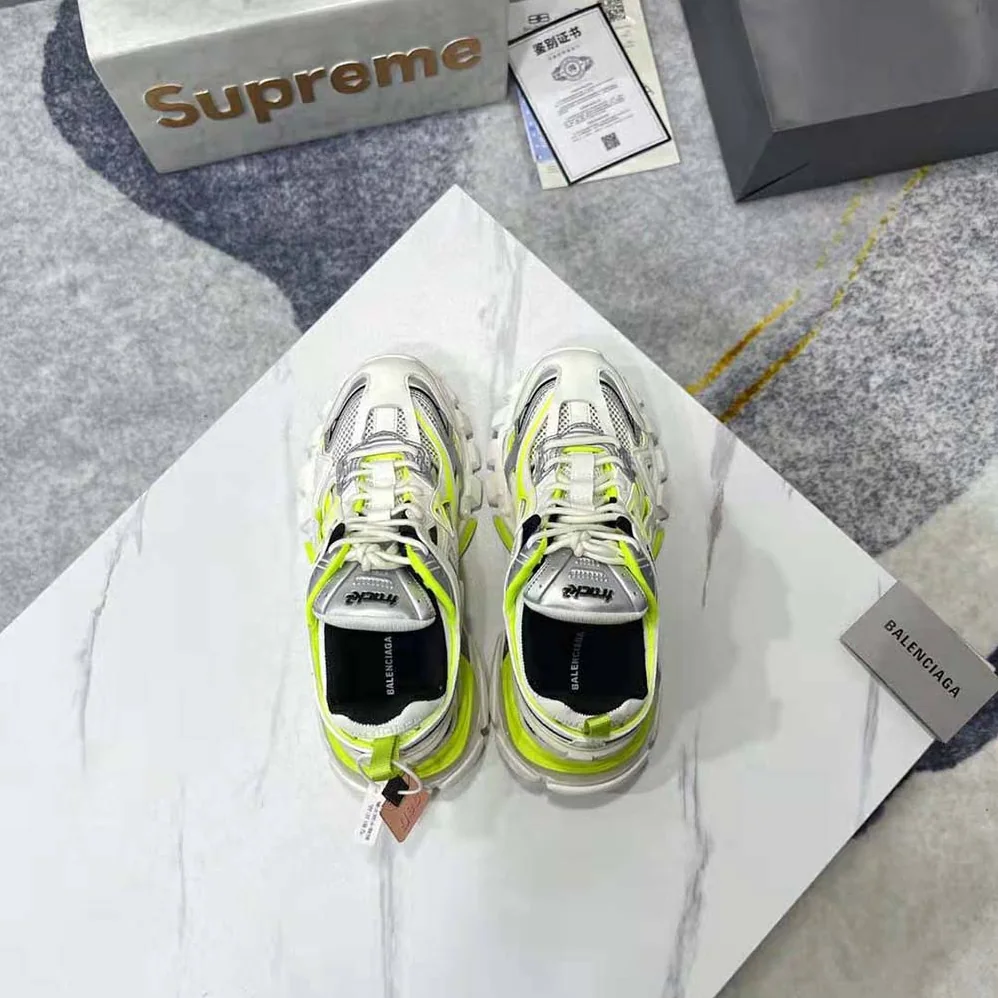 Balenciaga Track.2 Sneaker in White and Neon Yellow Neoprene and Rubber for Men