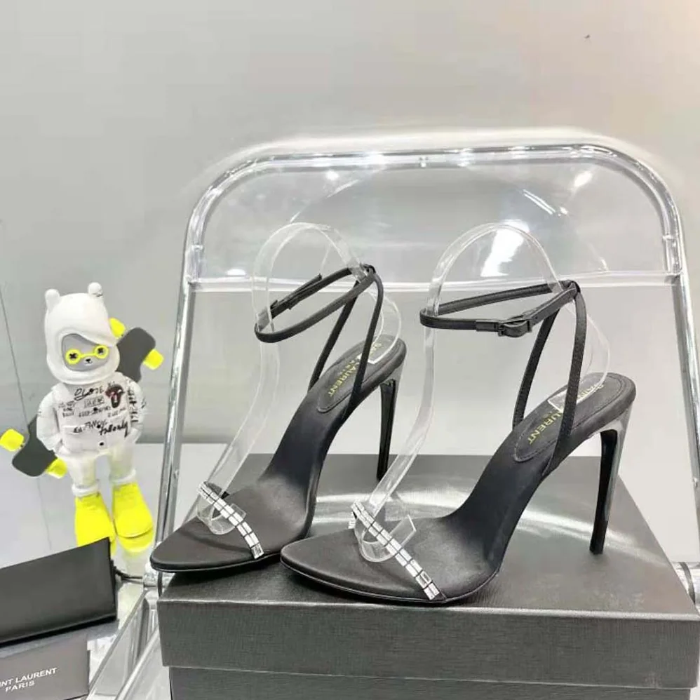Saint Laurent YSL Gloria Sandals in Crepe Satin with Rhinestones for Women