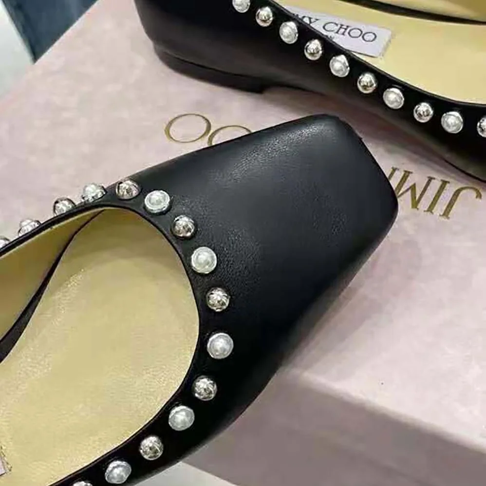 Jimmy Choo Mirele Flat Black Nappa Leather Flats with Pearl Outline for Women Jimmy Choo Mirele Flat Black Nappa Leather Flats with Pearl Outline for Women