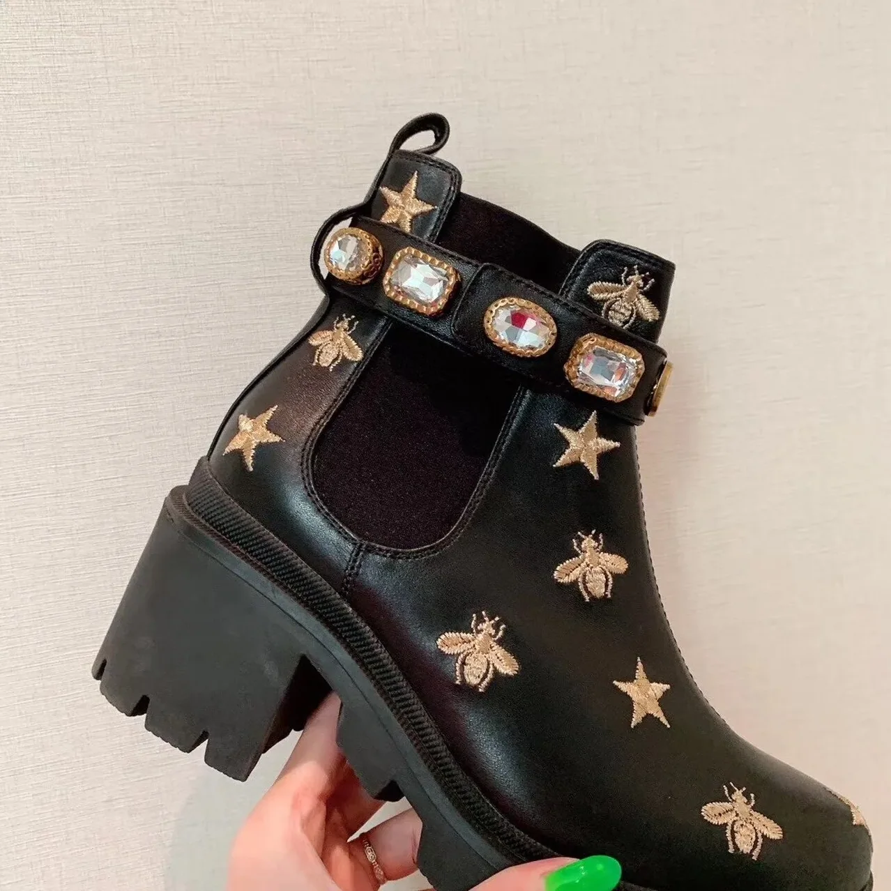 Gucci Star And Bee Embroidered Trip Ankle Boots Black