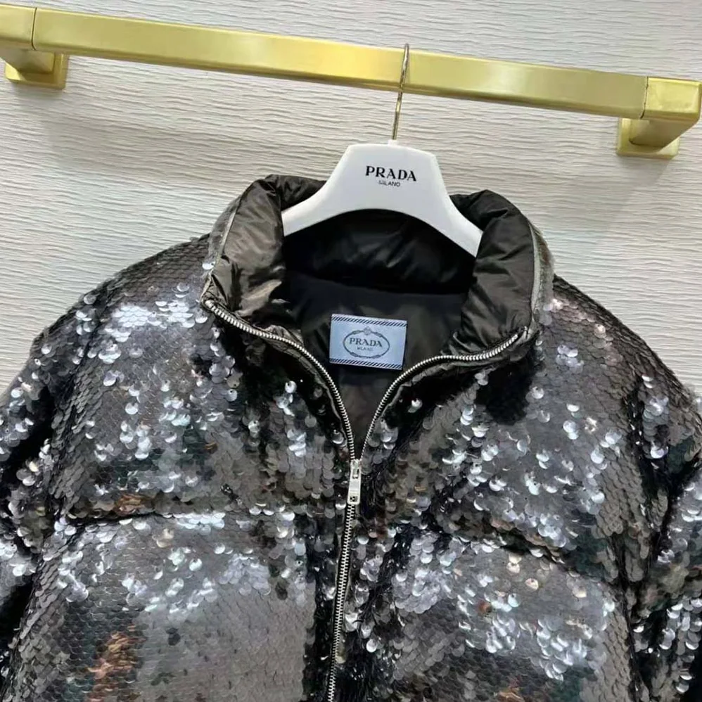 Prada Convertible Sequined Re-Nylon Down Jacket for Women in Black Prada Convertible Sequined Re-Nylon Down Jacket for Women in Black
