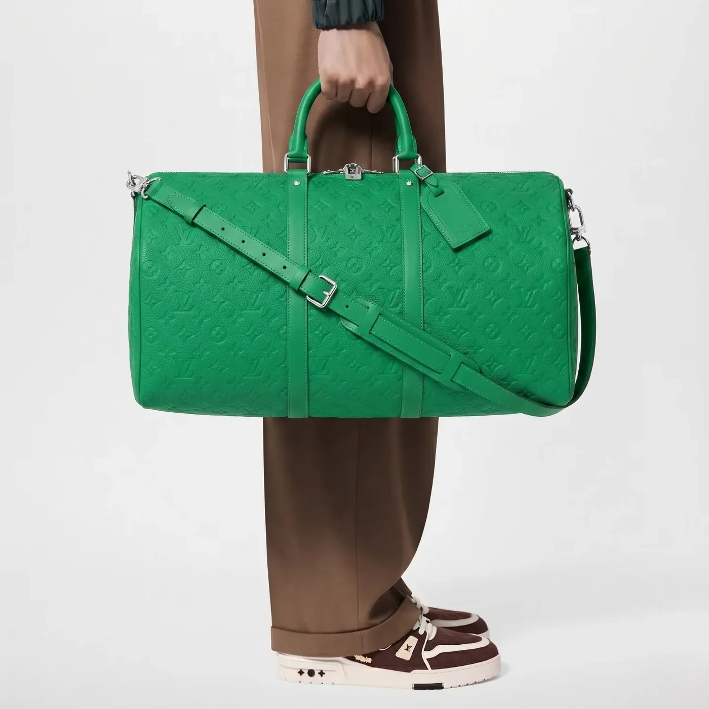 Louis Vuitton Keepall Bandouliere 50 Travel Bag in Green Silver Hardware Louis Vuitton Keepall Bandouliere 50 Travel Bag in Green Silver Hardware