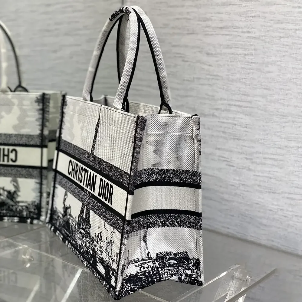 Dior Medium Dior Book Tote White and Black Paris Embroidery for Women
