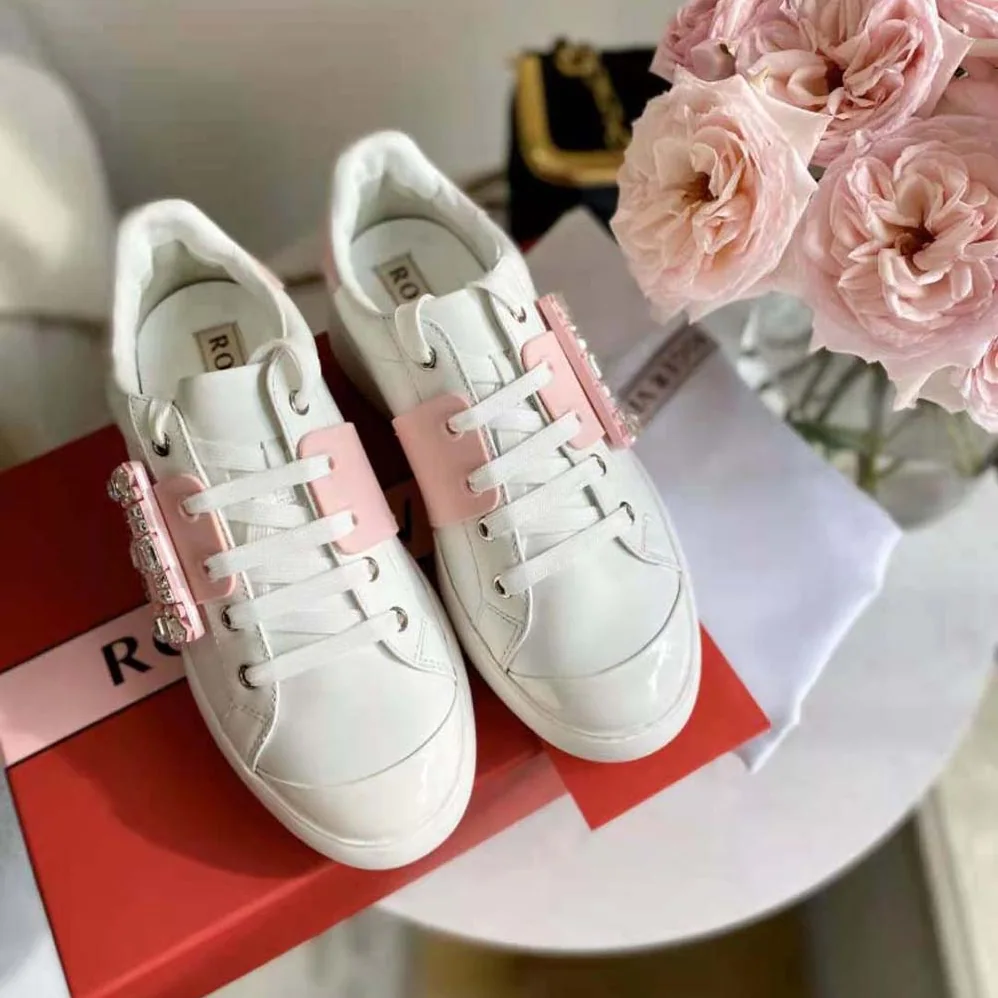 Roger Vivier Viv Skate Strass Buckle Sneakers in Soft Leather for Women in Pink Roger Vivier Viv Skate Strass Buckle Sneakers in Soft Leather for Women in Pink