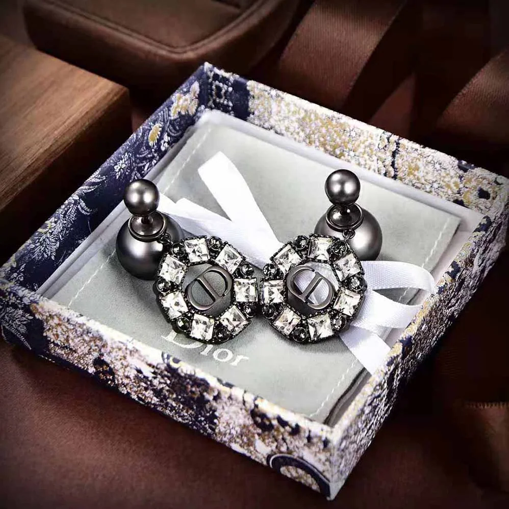 Dior Tribales Earrings Ruthenium-Finish Metal with Gray Resin Pearls and Black Crystals for Women Dior Tribales Earrings Ruthenium-Finish Metal with Gray Resin Pearls and Black Crystals for Women