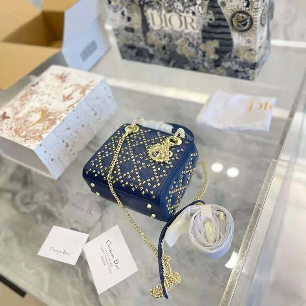 Dior Mini Lady Dior Bag Denim Blue Lucky Star Cannage Lambskin for Women