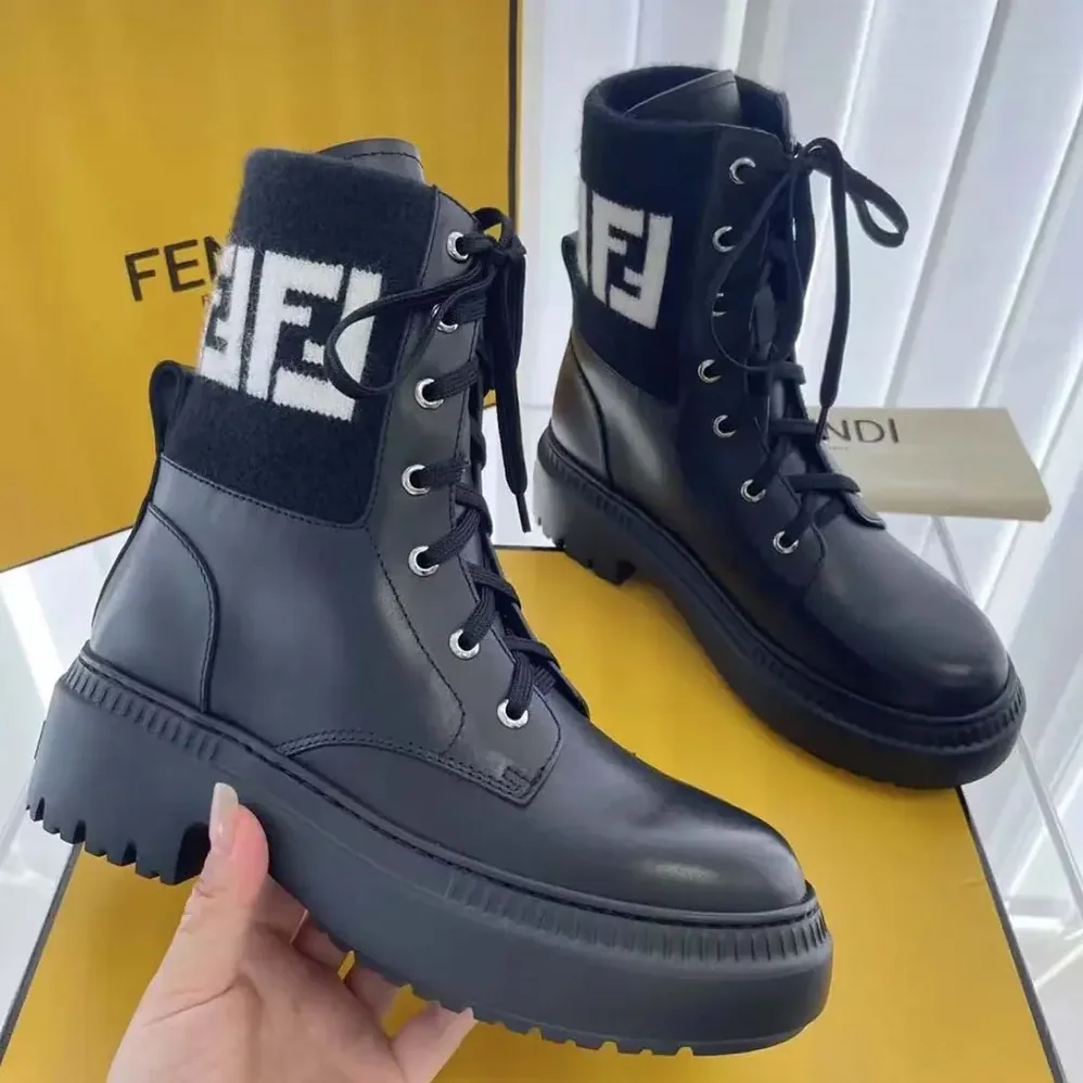 Fendi Rockoko Black Leather Biker Boots with FF Jacquard Motif for Women Fendi Rockoko Black Leather Biker Boots with FF Jacquard Motif for Women