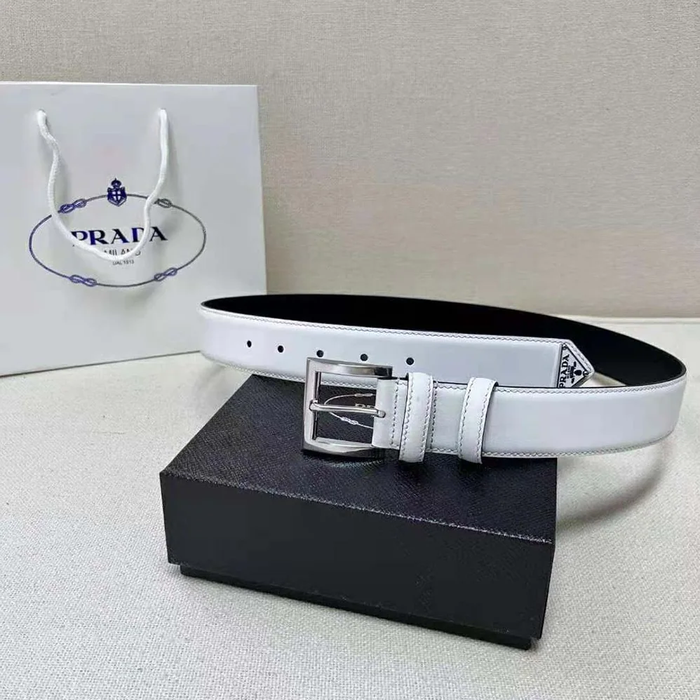 Prada Leather Belt with Enameled-Metal Triangle Logo for Women in White