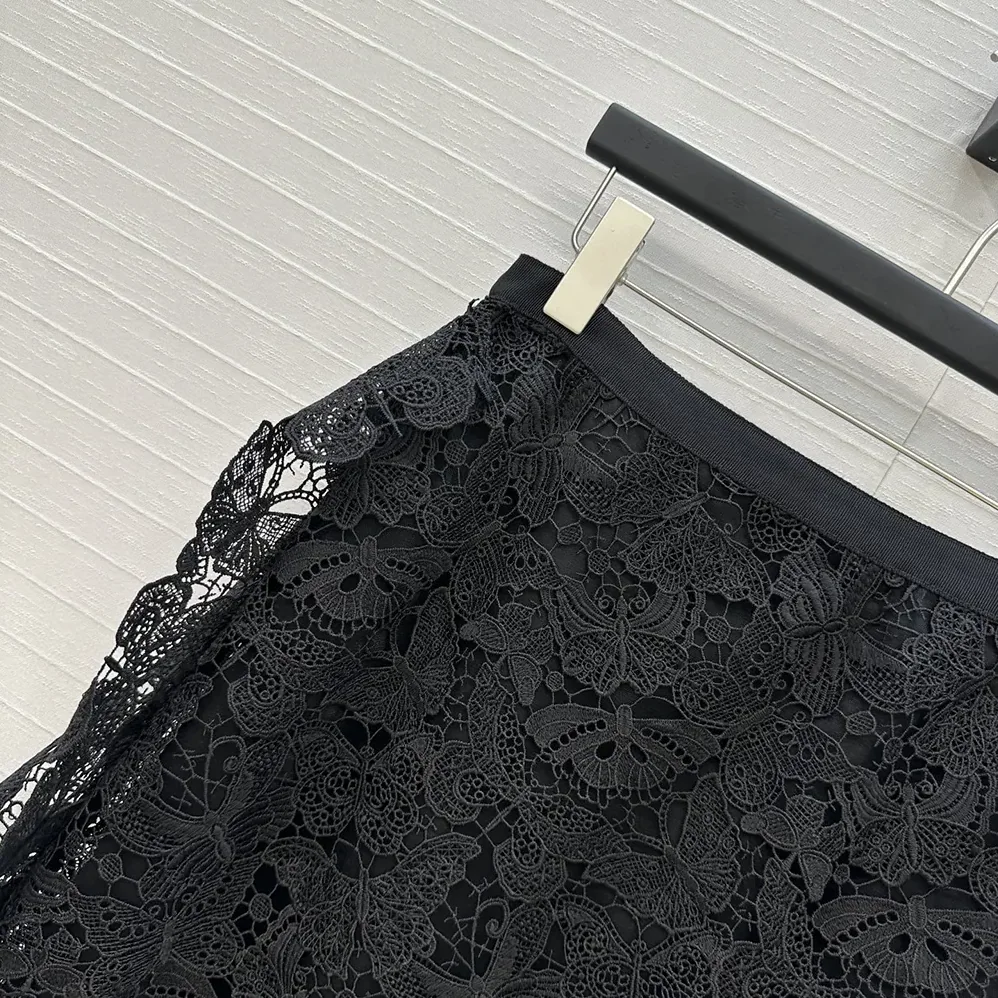Dior Mid-Length Skirt Black Cotton-Blend Lace with Allover Butterfly Motif for Women