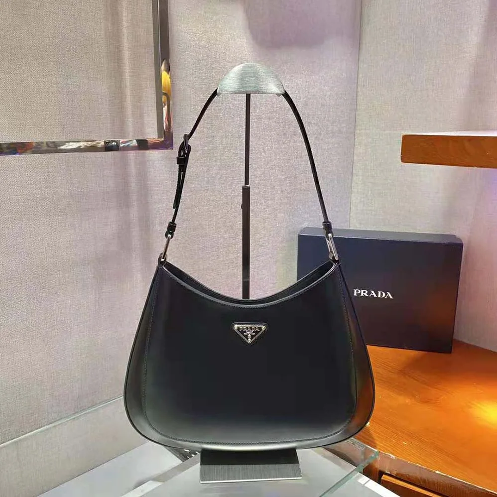 Prada Cleo Brushed Leather Shoulder Bag for Women in Black