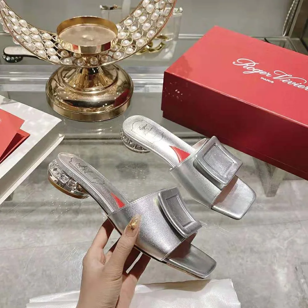 Roger Vivier Strass Heel Covered Buckle Mules in Satin for Women in Silver