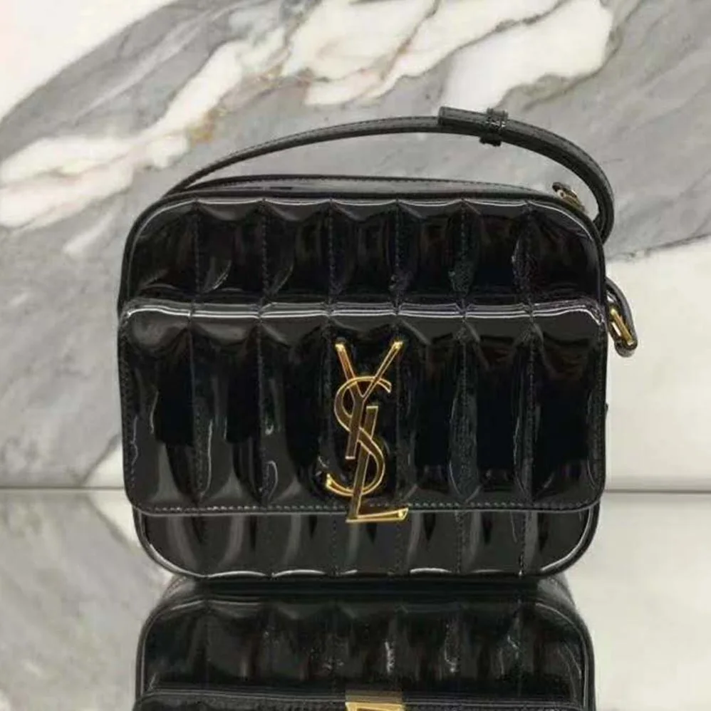 Saint Laurent YSL Vicky Camera Bag Quilted Patent for Women in Black