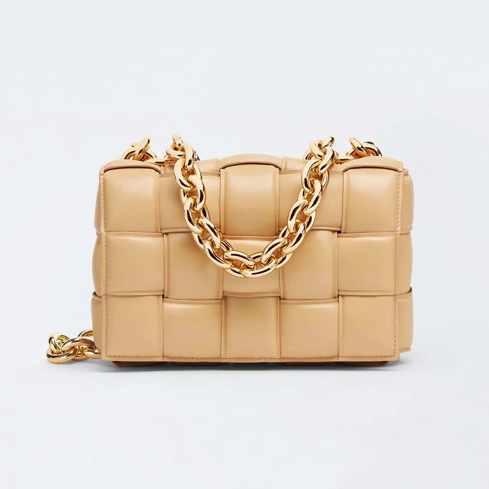 Bottega Veneta Chain Cassette Padded Intrecciato Leather Crossbody Bag for Women in Gold Bottega Veneta Chain Cassette Padded Intrecciato Leather Crossbody Bag for Women in Gold