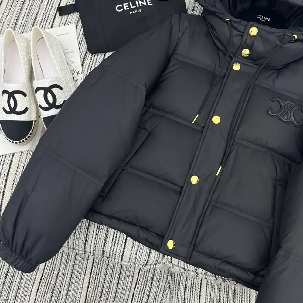 Celine Triomphe Cropped Down Jacket in Lightweight Nylon for Women in Black