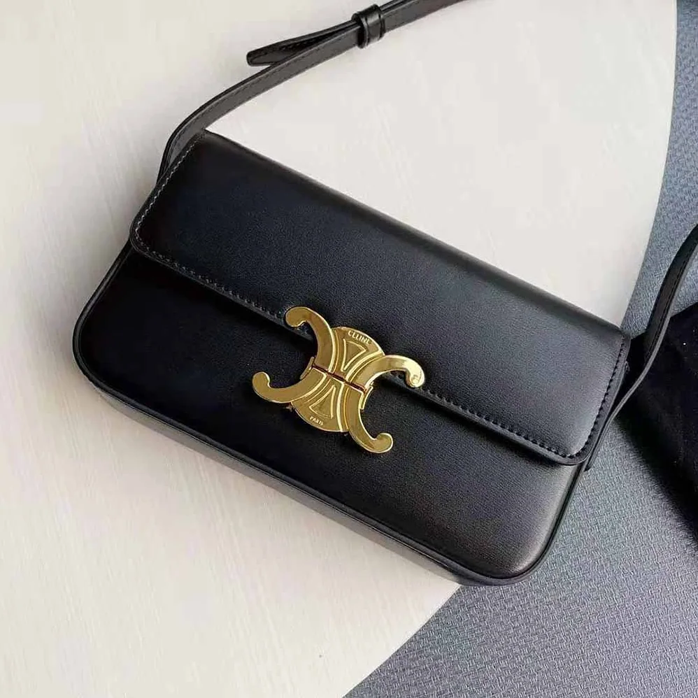Celine Triomphe Shoulder Bag in Shiny Calfskin for Women in Black