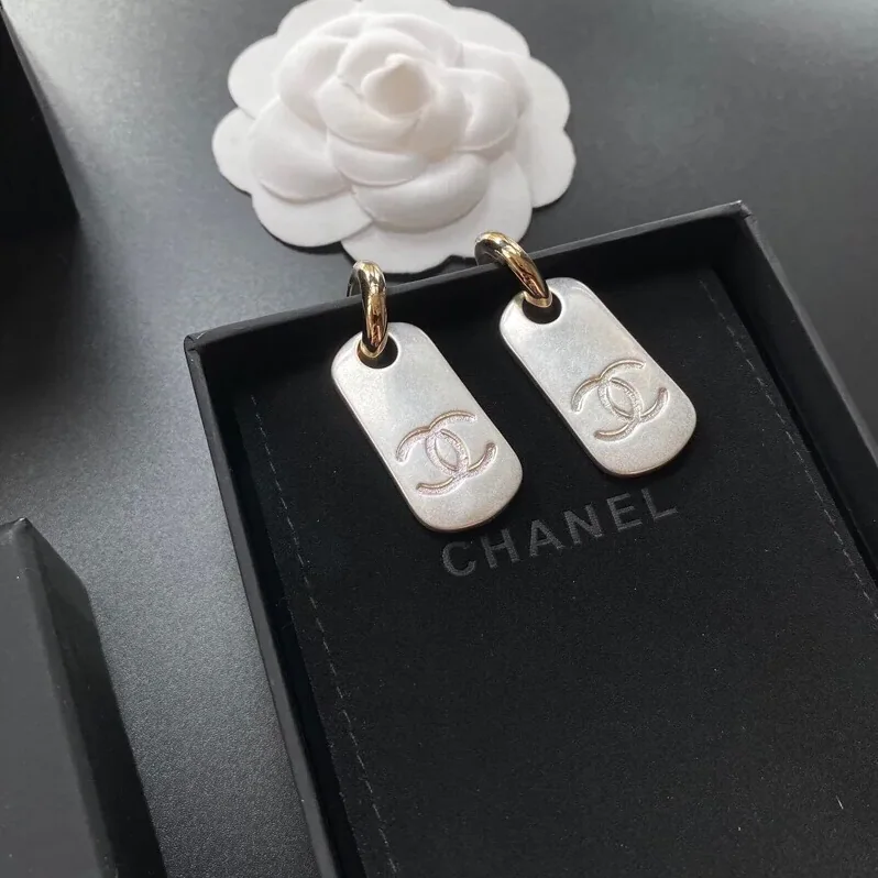 Chanel Dangling Big Tag Earrings Gold Tone