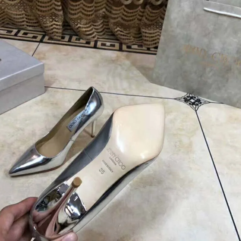 Jimmy Choo Shoes Romy 85 Silver Liquid Mirror Leather Pointy Toe Pumps for Women