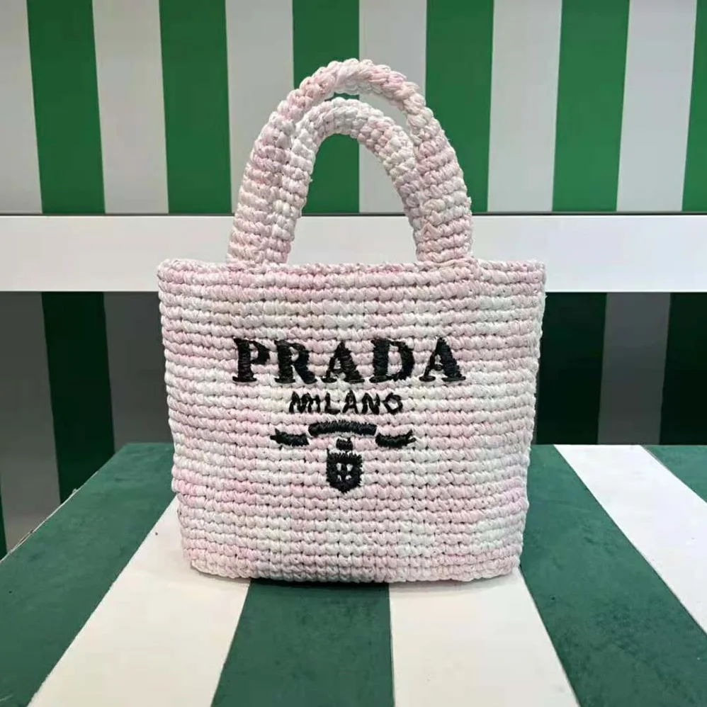 Prada Small Crochet Tote Bag with Embroidered Lettering Logo for Women in Pink Prada Small Crochet Tote Bag with Embroidered Lettering Logo for Women in Pink