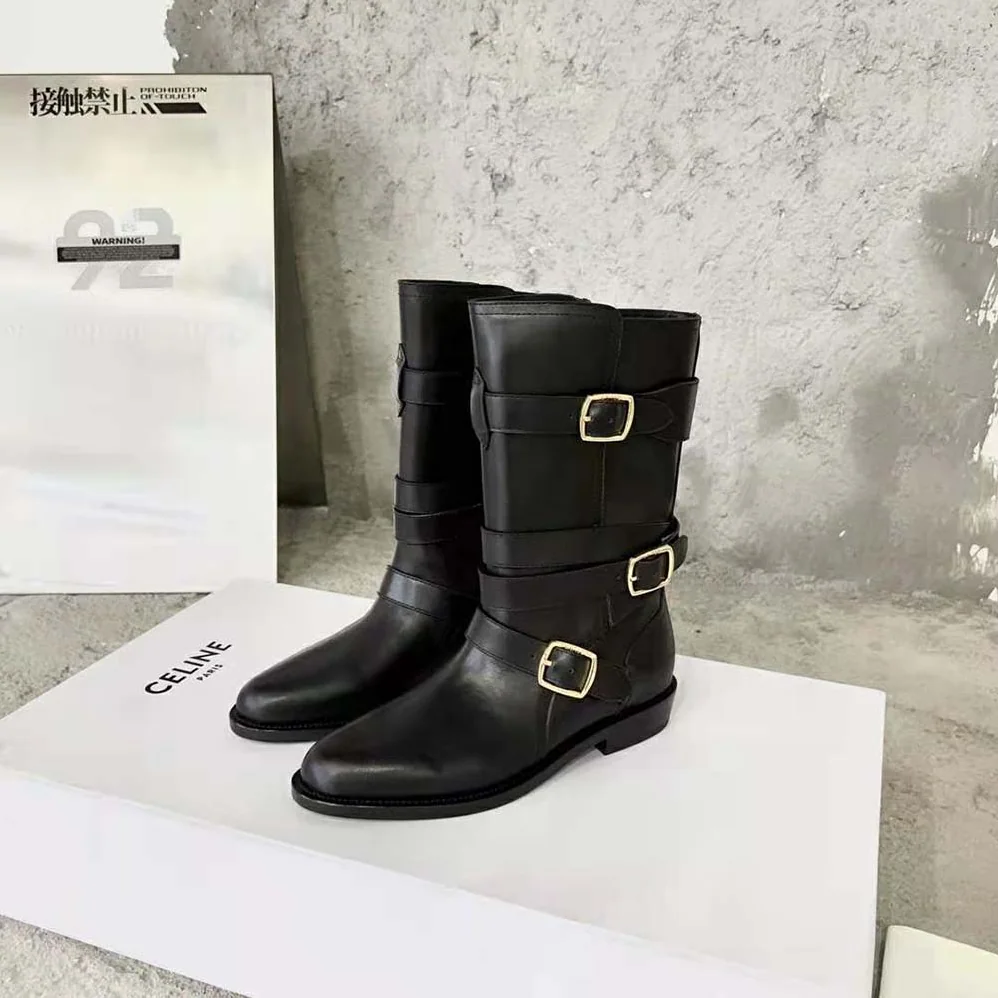 Celine Lyra Triple Buckles Boot in Calfskin for Women in Black
