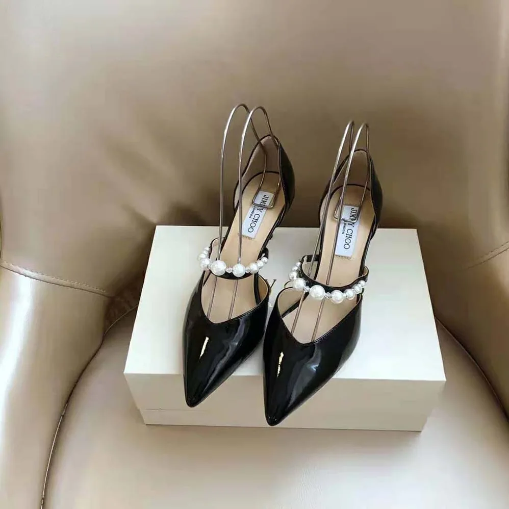 Jimmy Choo Aurelie 85 Black Patent Leather Pointed Pumps with Pearl Embellishment for Women Jimmy Choo Aurelie 85 Black Patent Leather Pointed Pumps with Pearl Embellishment for Women