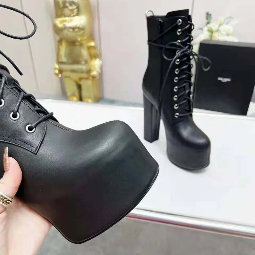 Saint Laurent YSL Cherry Lace-up Platform Booties in Smooth Leather for Women Saint Laurent YSL Cherry Lace-up Platform Booties in Smooth Leather for Women