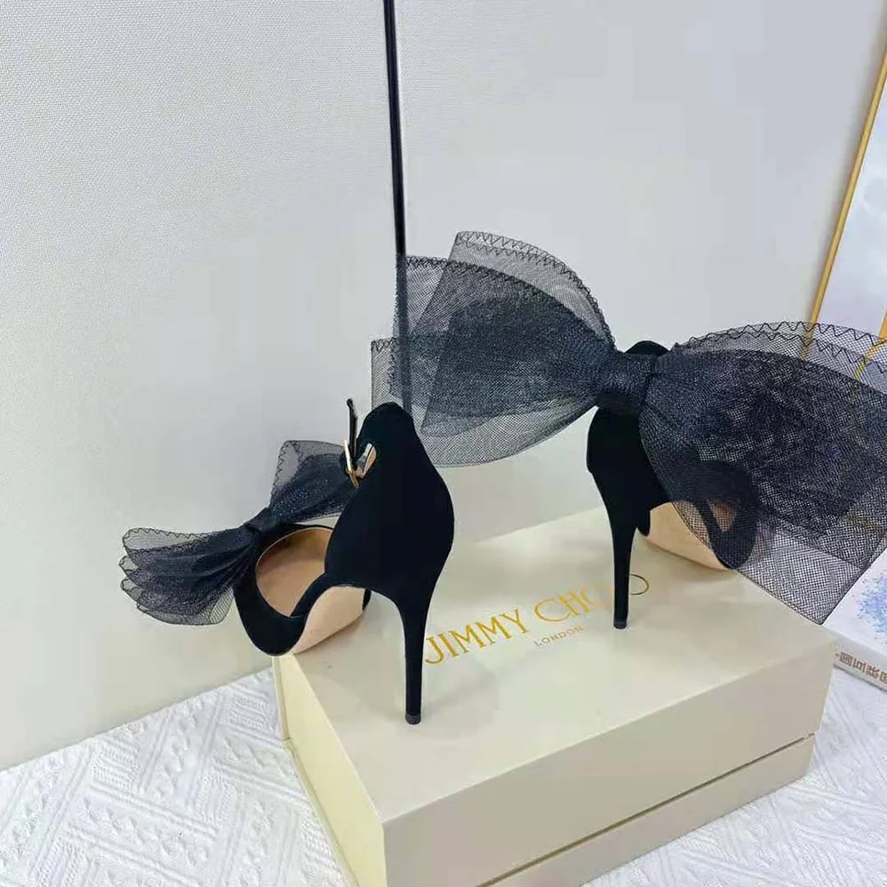 Jimmy Choo Averly 100 Black Pumps with Asymmetric Grosgrain Mesh Fascinator Bows for Women Jimmy Choo Averly 100 Black Pumps with Asymmetric Grosgrain Mesh Fascinator Bows for Women