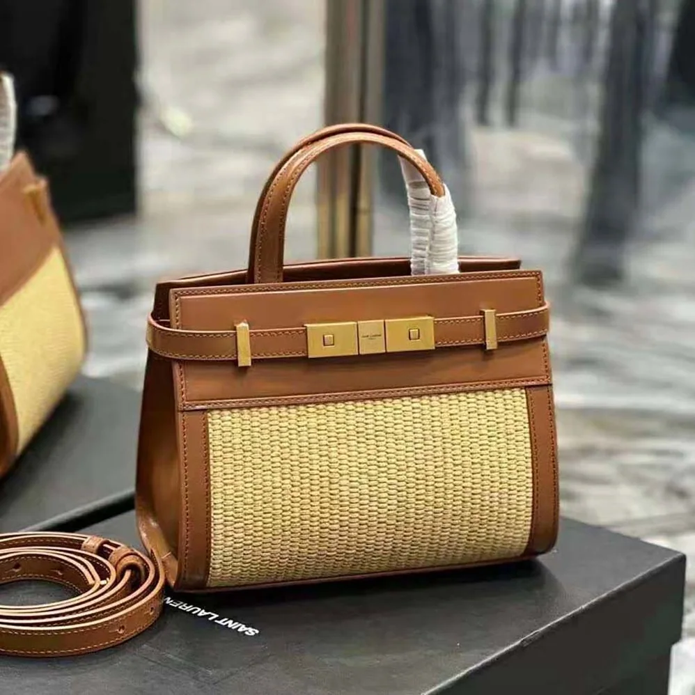 Saint Laurent YSL Manhattan Nano Shopping Bag in Raffia and Smooth Leather for Women in Brown Saint Laurent YSL Manhattan Nano Shopping Bag in Raffia and Smooth Leather for Women in Brown