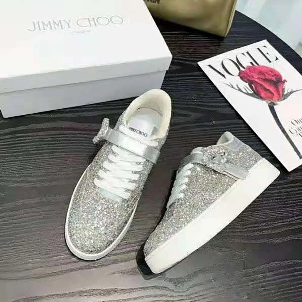 Jimmy Choo Osaka Lace up Platinum Dazzling Coarse Glitter Fabric Low Top Trainers for Women Jimmy Choo Osaka Lace up Platinum Dazzling Coarse Glitter Fabric Low Top Trainers for Women