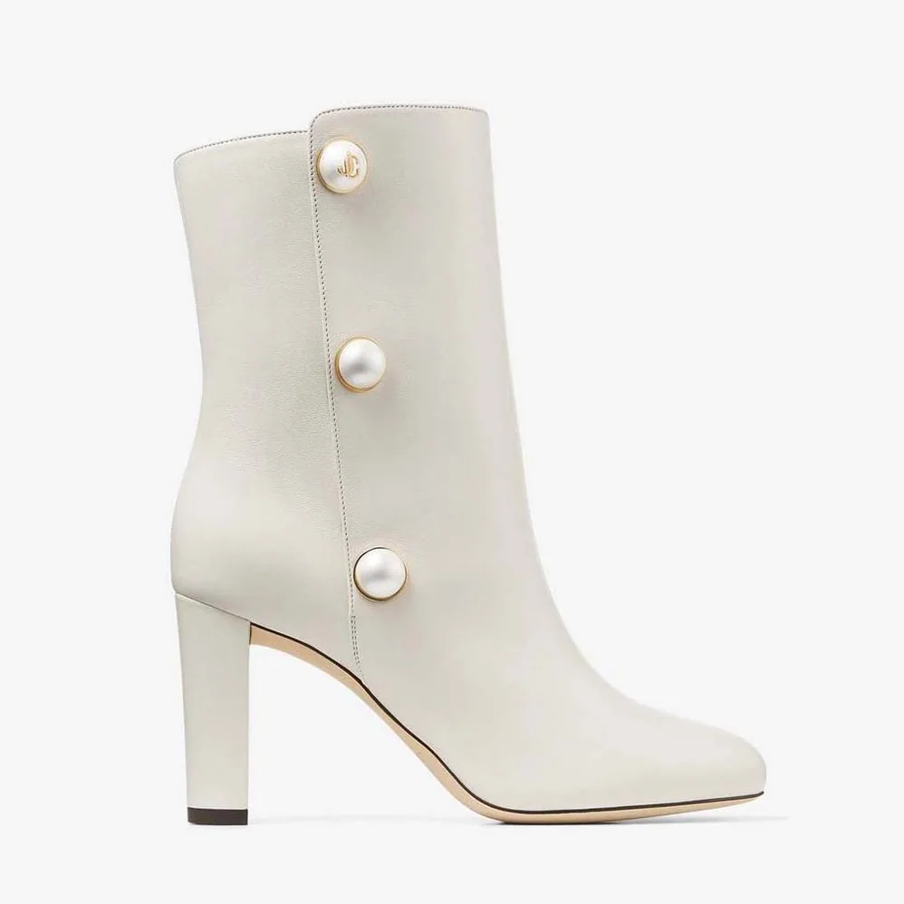 Jimmy Choo Rina 85 Latte Nappa Leather Mid for Women in Calf Boots with Pearls Jimmy Choo Rina 85 Latte Nappa Leather Mid for Women in Calf Boots with Pearls