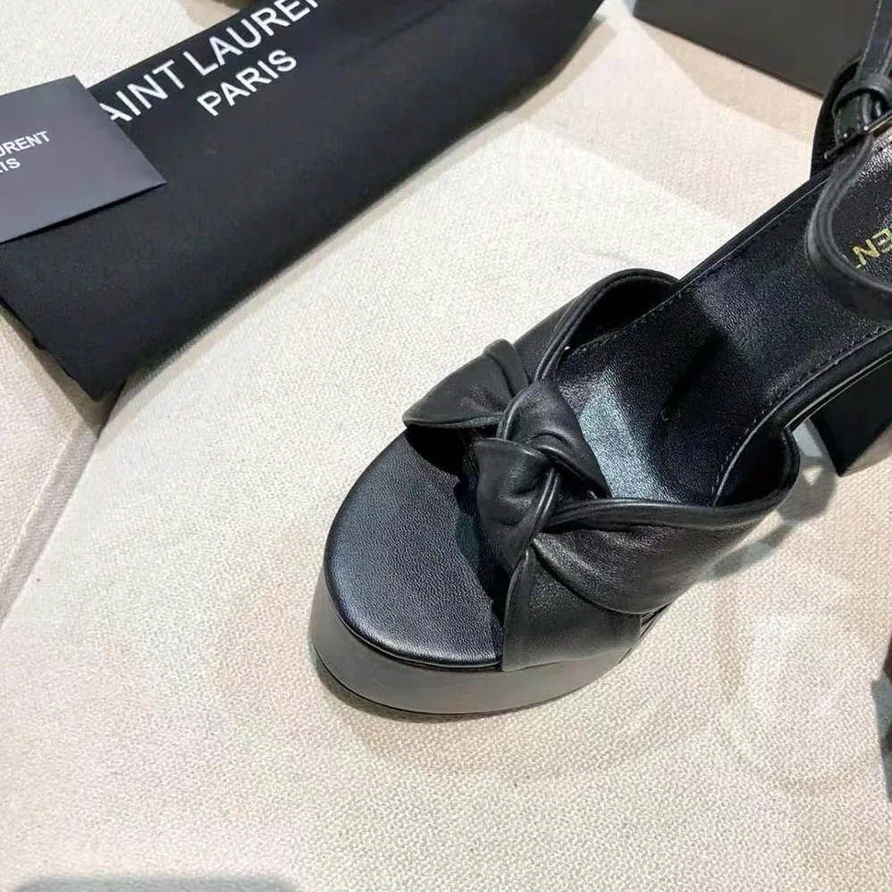 Saint Laurent YSL Bianca Platform Sandals in Smooth Leather for Women in Black