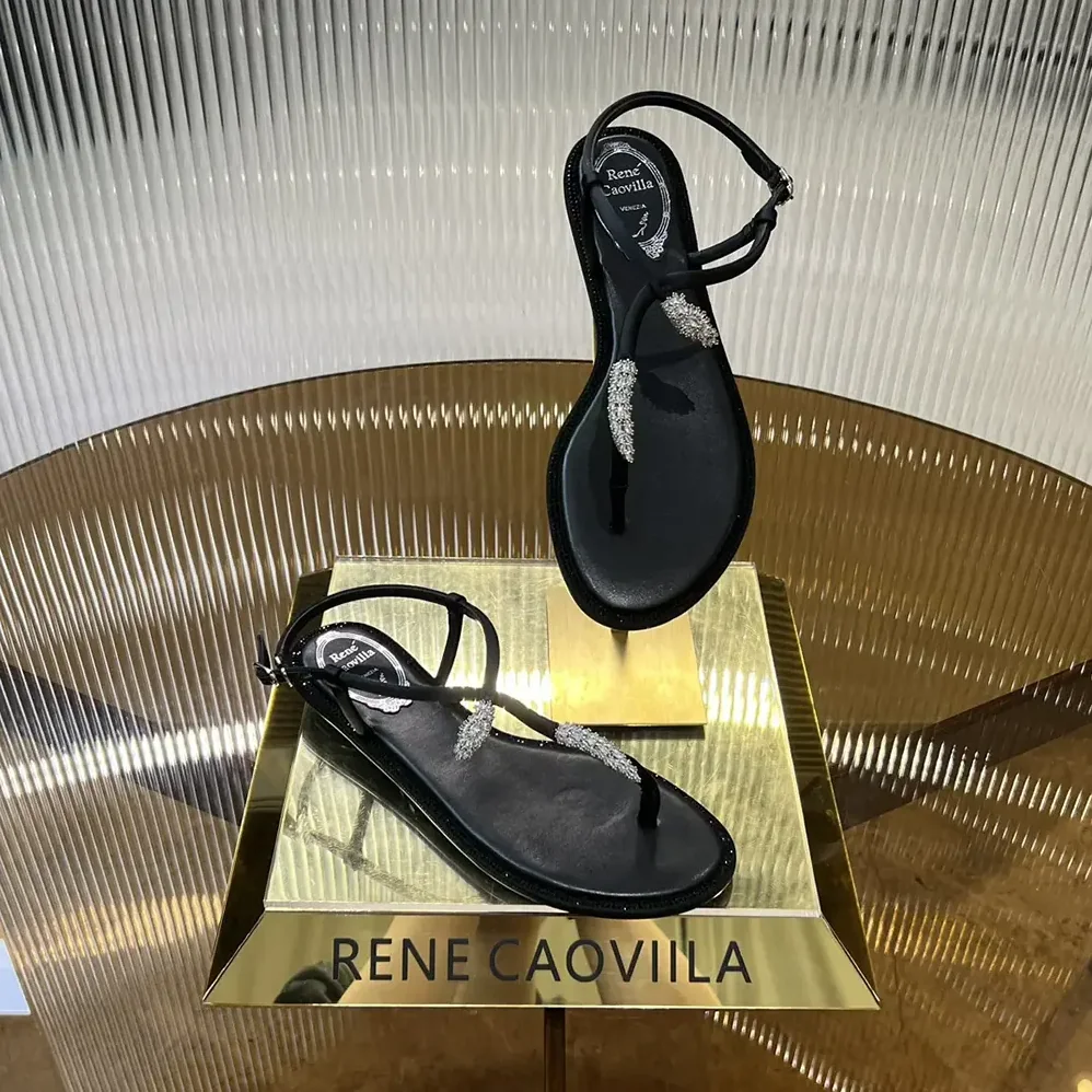 Rene Caovilla Serpente Black Thong Sandal 10 for Women