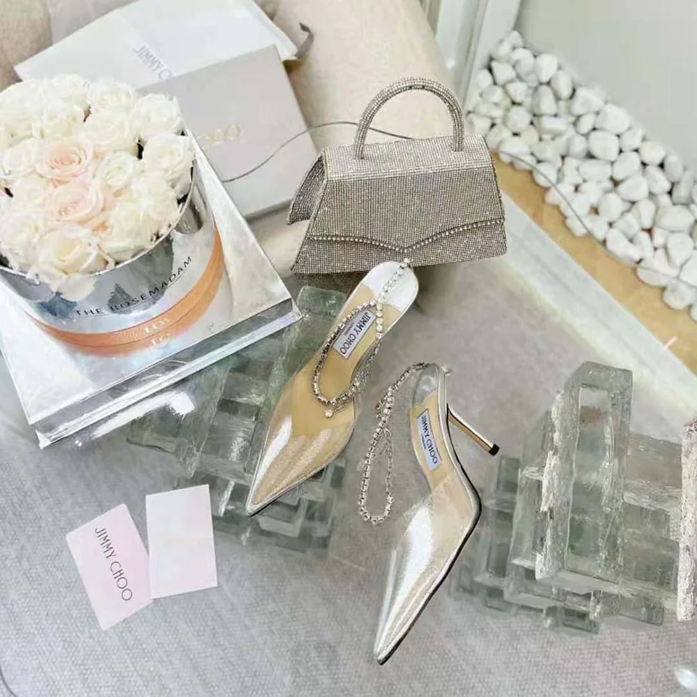 Jimmy Choo Saeda 100 Silver Glitter Plexi Pumps with Crystal Embellishment for Women