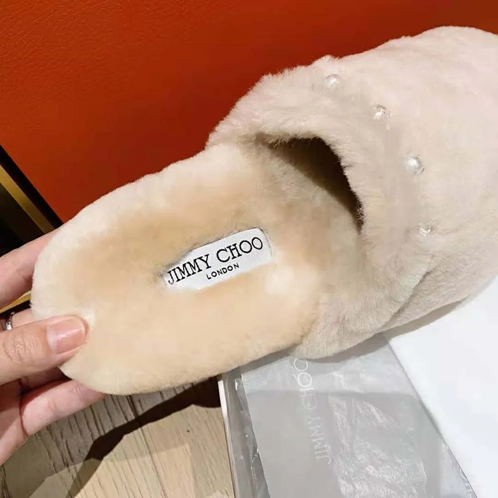 Jimmy Choo Aliette Flat Natural Shearling Slippers for Women in Beige