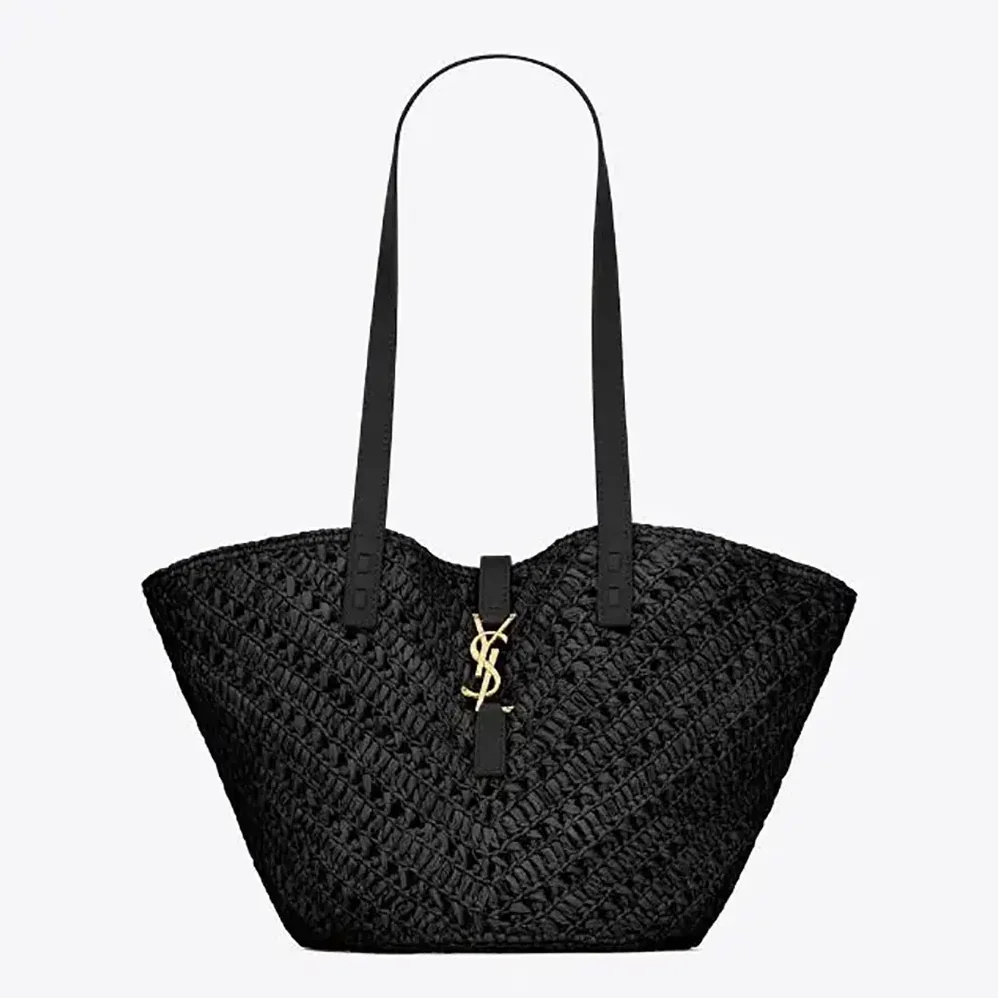 Saint Laurent YSL Panier Small in Raffia and Vegetable-tanned Leather for Women in Black