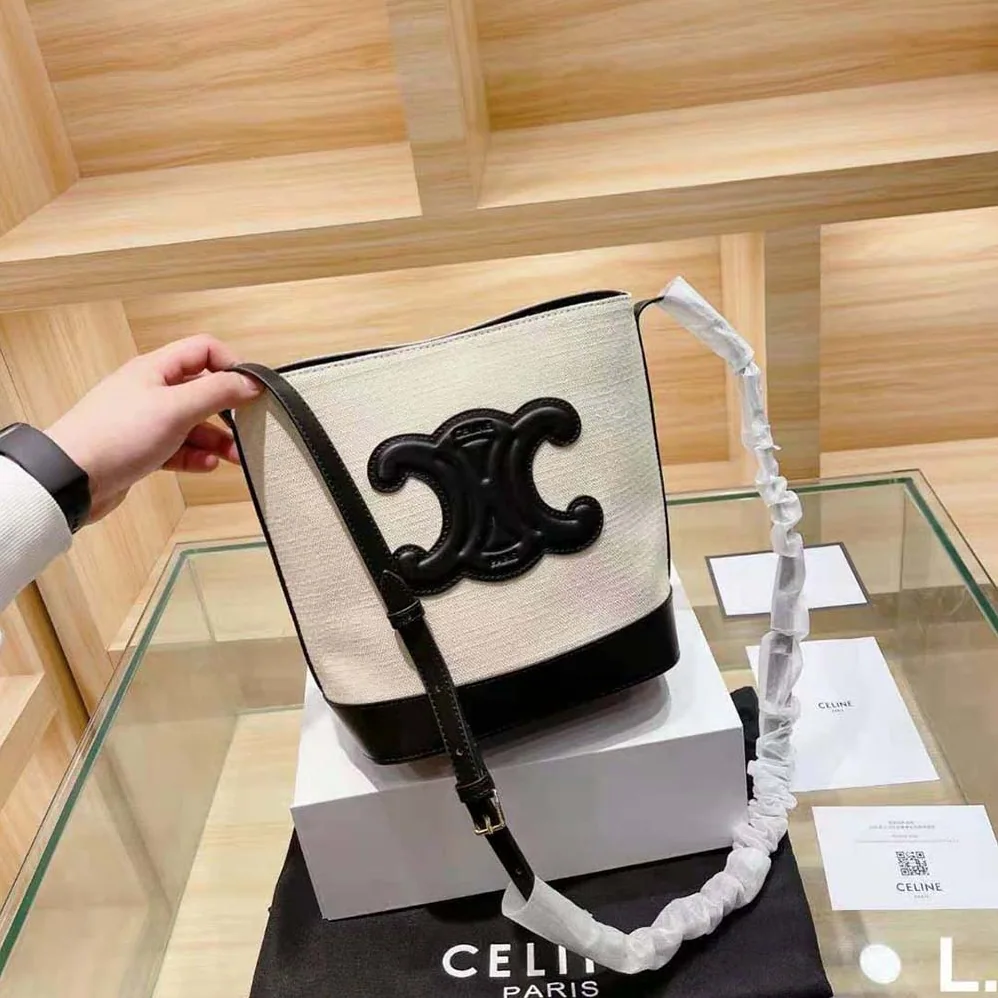 Celine Small Bucket Cuir Triomphe in Textile and Calfskin for Women