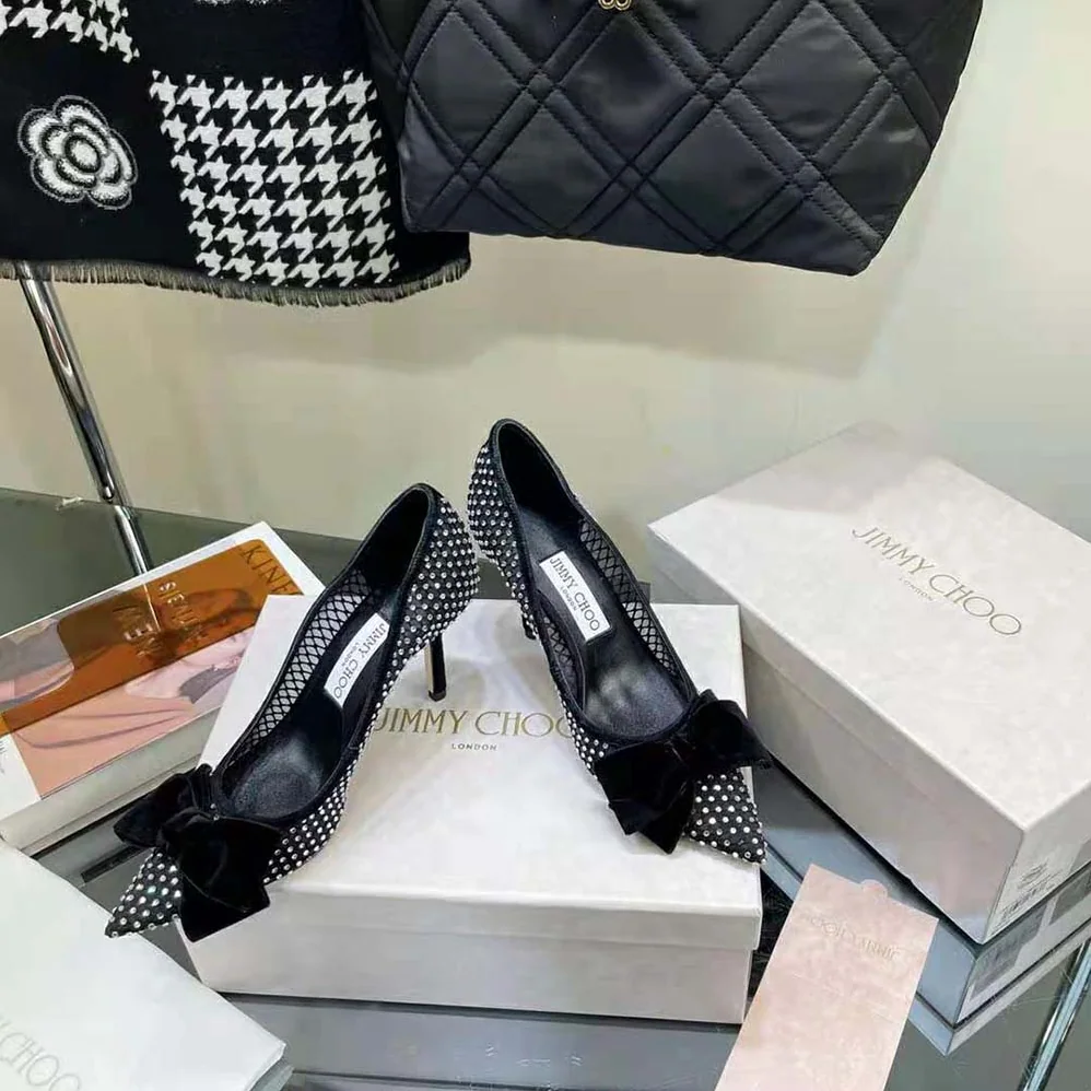 Jimmy Choo Love 100 Black Crystal Mesh Pumps with Bow for Women Jimmy Choo Love 100 Black Crystal Mesh Pumps with Bow for Women