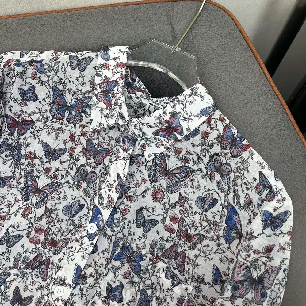 Dior Blouse White Cotton Muslin with Multicolor Toile de Jouy Papillon Motif for Women Dior Blouse White Cotton Muslin with Multicolor Toile de Jouy Papillon Motif for Women